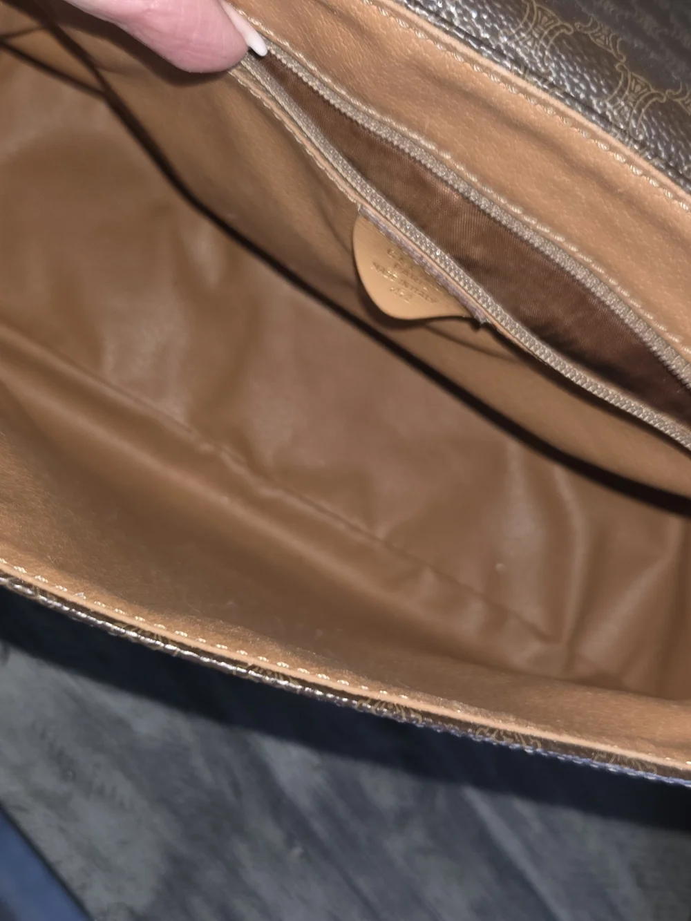 Celine Vintage Brown Patterned Crossbody Bag with Tan Strap And Matching Wallet.